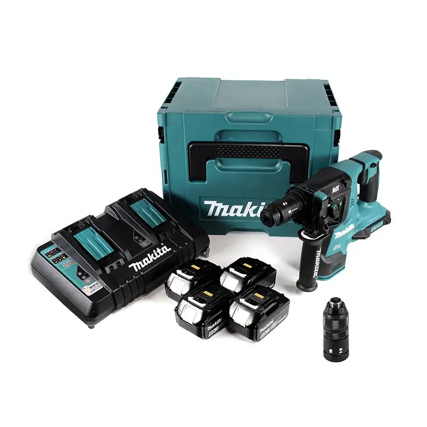 Makita DHR 281 PG4J Brushless Akku Bohrhammer 28 mm 2x 18 V für SDS-PLUS mit Schnellwechselfutter im Makpac + 4x 6,0 Ah Akku + Doppelladegerät