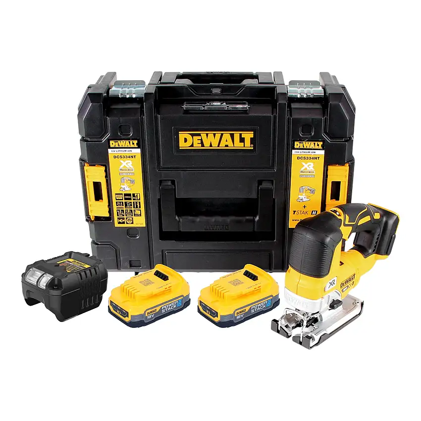 DeWalt DCS 334 E2T Akku Pendelhub Stichsäge 18 V Brushless + 2x Powerstack Akku 1,7 Ah + Ladegerät + TSTAK