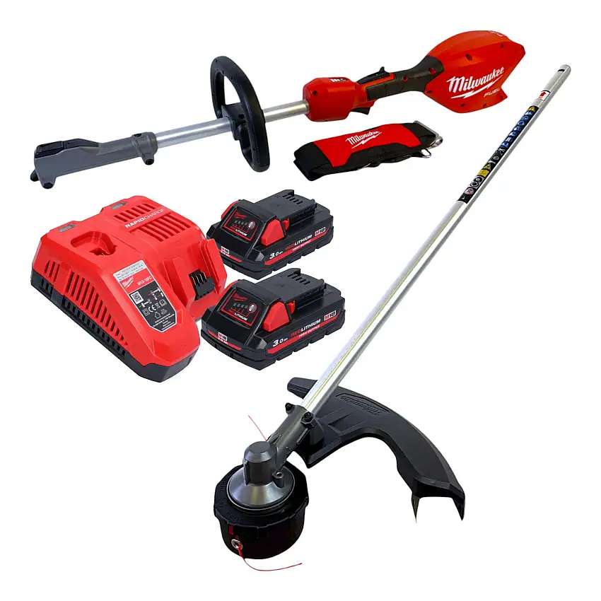Milwaukee M18 FOPH2-­LTA-302 Akku Basiseinheit 18 V Brushless + Rasentrimmer Aufsatz + 2x Akku 3,0 Ah + Ladegerät