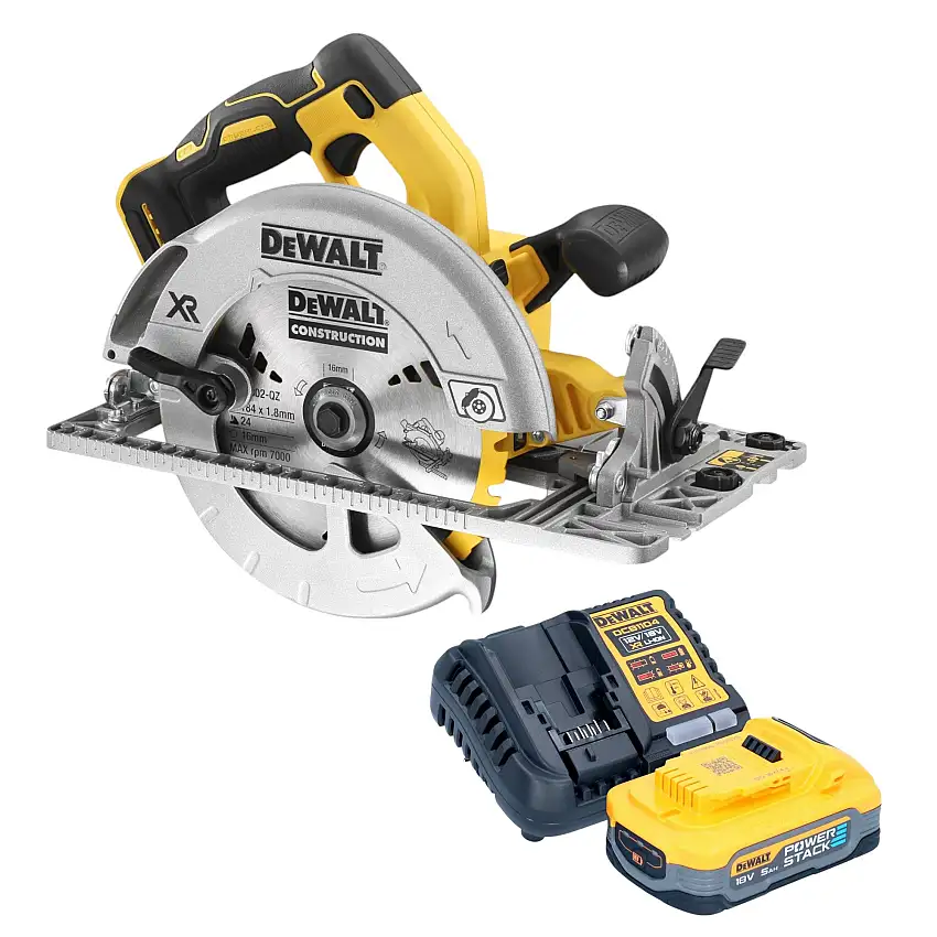 DeWalt DCS 572 H1 Akku Handkreissäge 18 V 184 mm Brushless + 1x Powerstack Akku 5,0 Ah + Ladegerät