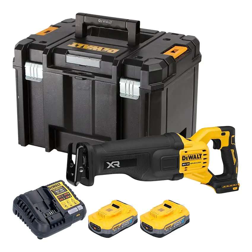 DeWalt DCS 386 H2T Akku Säbelsäge 18 V Brushless + 2x Powerstack Akku 5,0 Ah + Ladegerät + TSTAK