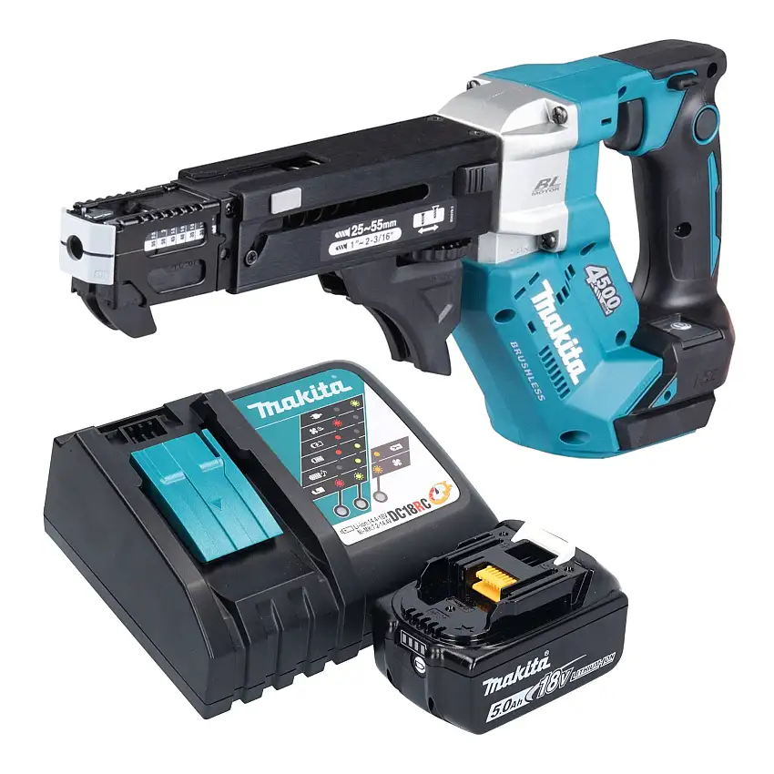 Makita DFR 552 RT1 Akku Magazinschrauber 18 V 25 - 55 mm Brushless + 1x Akku 5,0 Ah + Ladegerät
