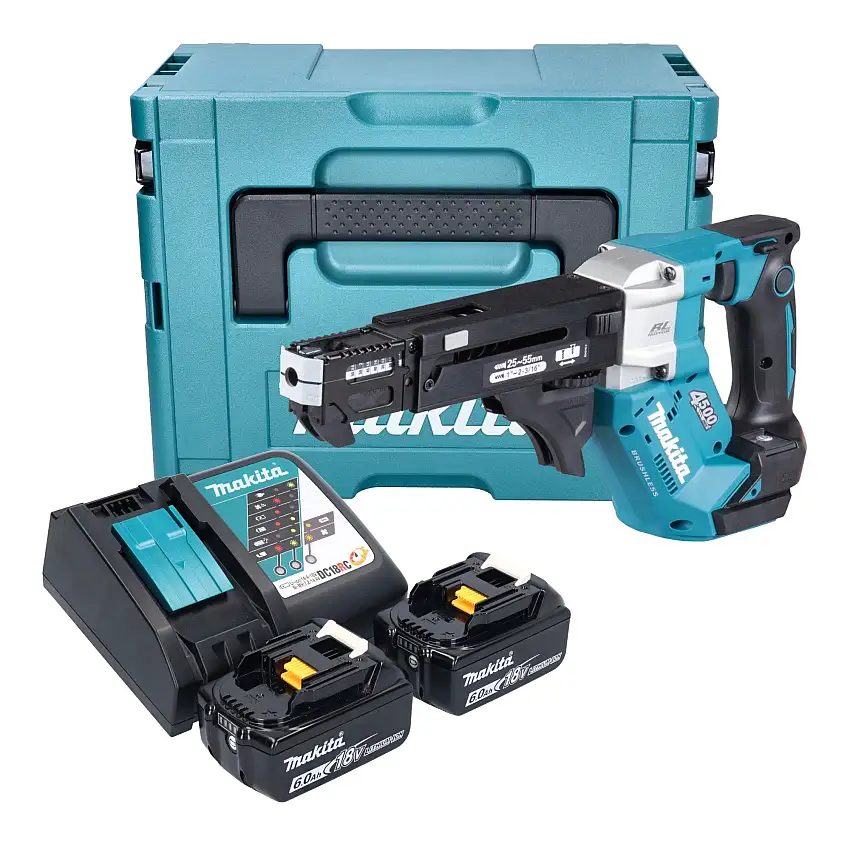 Makita DFR 552 RGJ Akku Magazinschrauber 18 V 25 - 55 mm Brushless + 2x Akku 6,0 Ah + Ladegerät + Makpac