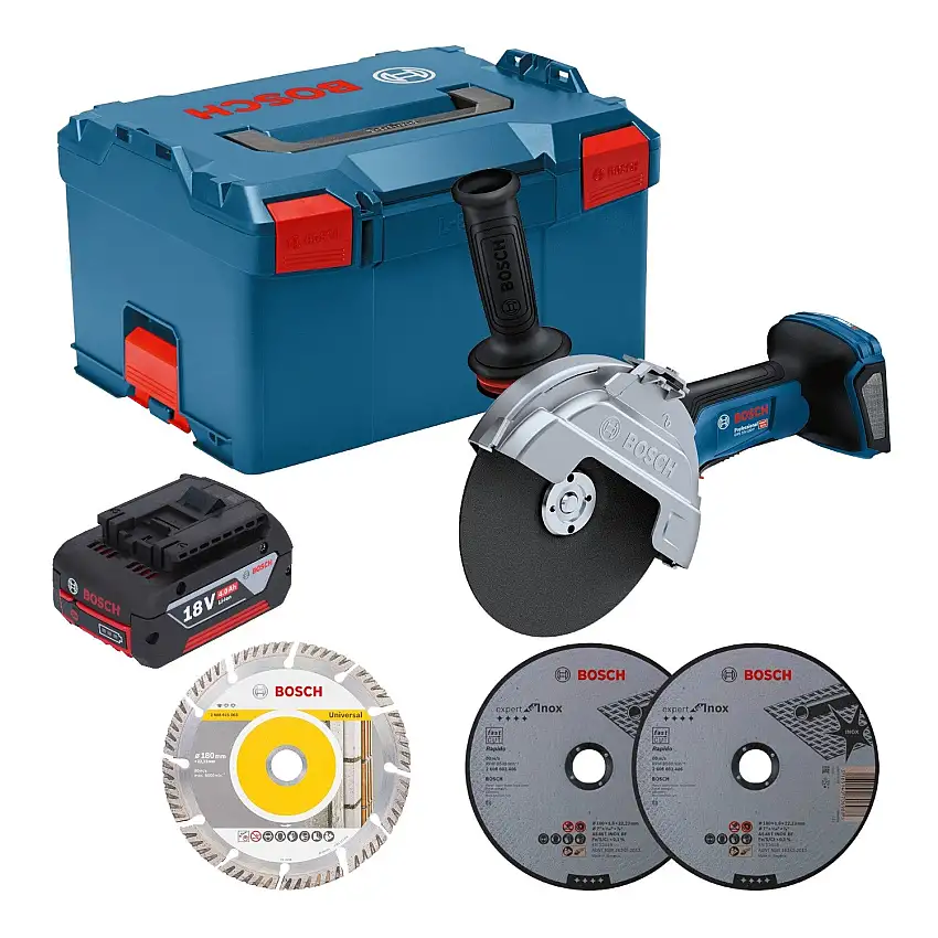 Bosch GWS 18V-180 P Professional Akku Winkelschleifer 18 V 180 mm Brushless + 1x Akku 4,0 Ah + L-Boxx - ohne Ladegerät