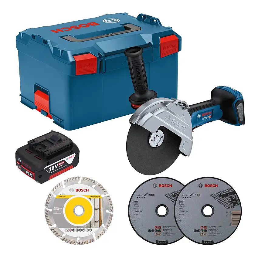 Bosch GWS 18V-180 P Professional Akku Winkelschleifer 18 V 180 mm Brushless + 1x Akku 5,0 Ah + L-Boxx - ohne Ladegerät