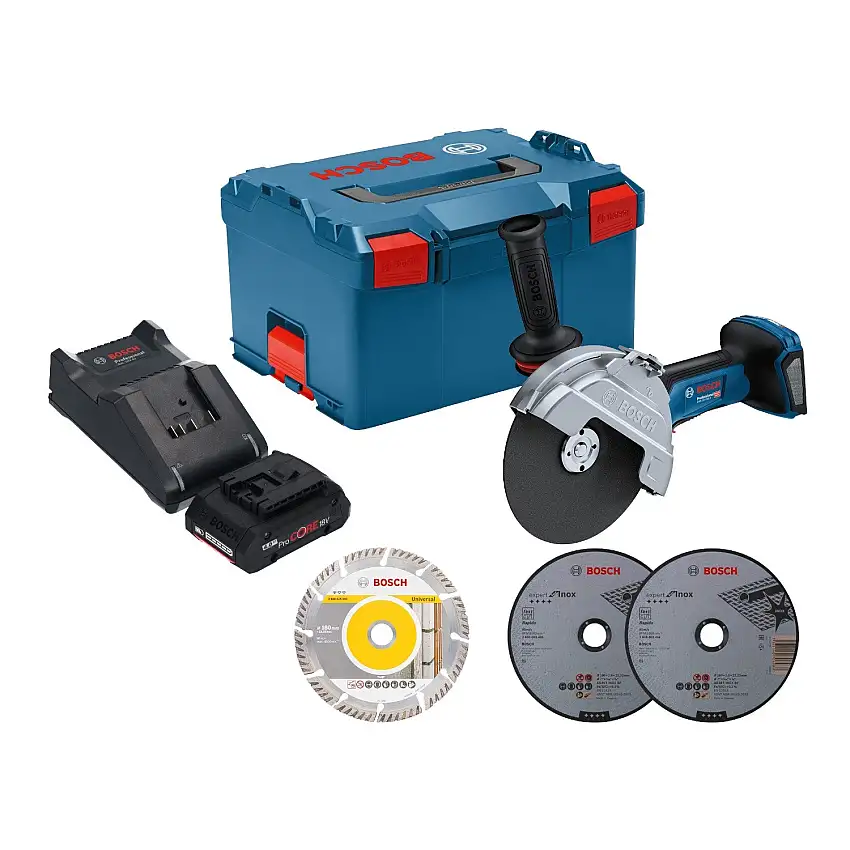 Bosch GWS 18V-180 P Professional Akku Winkelschleifer 18 V 180 mm Brushless + 1x ProCORE Akku 4,0 Ah + Ladegerät + L-Boxx
