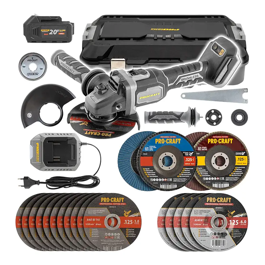 Procraft Industrial AG125B-CD Akku Winkelschleifer 20 V 125 mm Brushless + 1x Akku 4,0 Ah + Ladegerät + Koffer