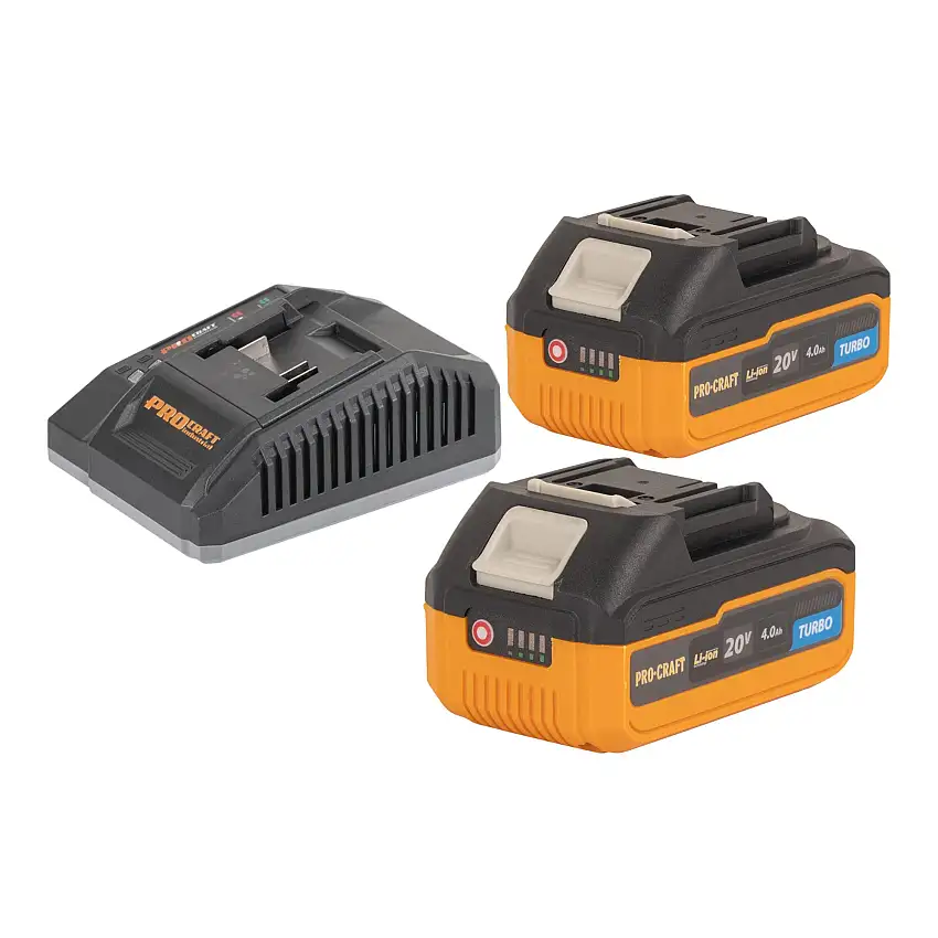 Procraft Starter Pack C20/6.5 Schnell Ladegerät 20 V 6,5 A + 2x 20/4 Turbo Akku 4,0 Ah