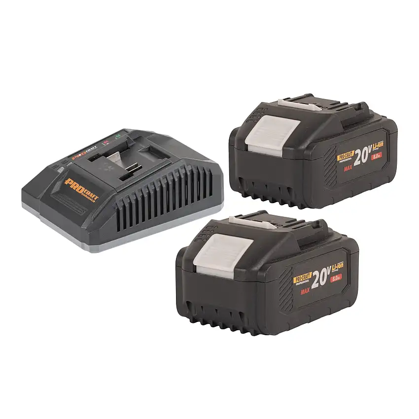 Procraft Starter Pack C20/6.5 Schnell Ladegerät 20 V 6,5 A + 2x 20/8 Akku 8,0 Ah
