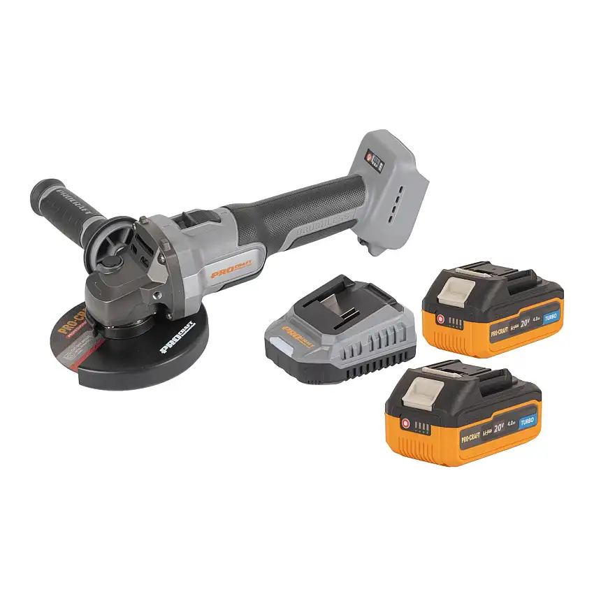 Procraft Industrial AG125Abb Akku Winkelschleifer 20 V 125 mm Brushless + 2x Akku 4,0 Ah + Ladegerät