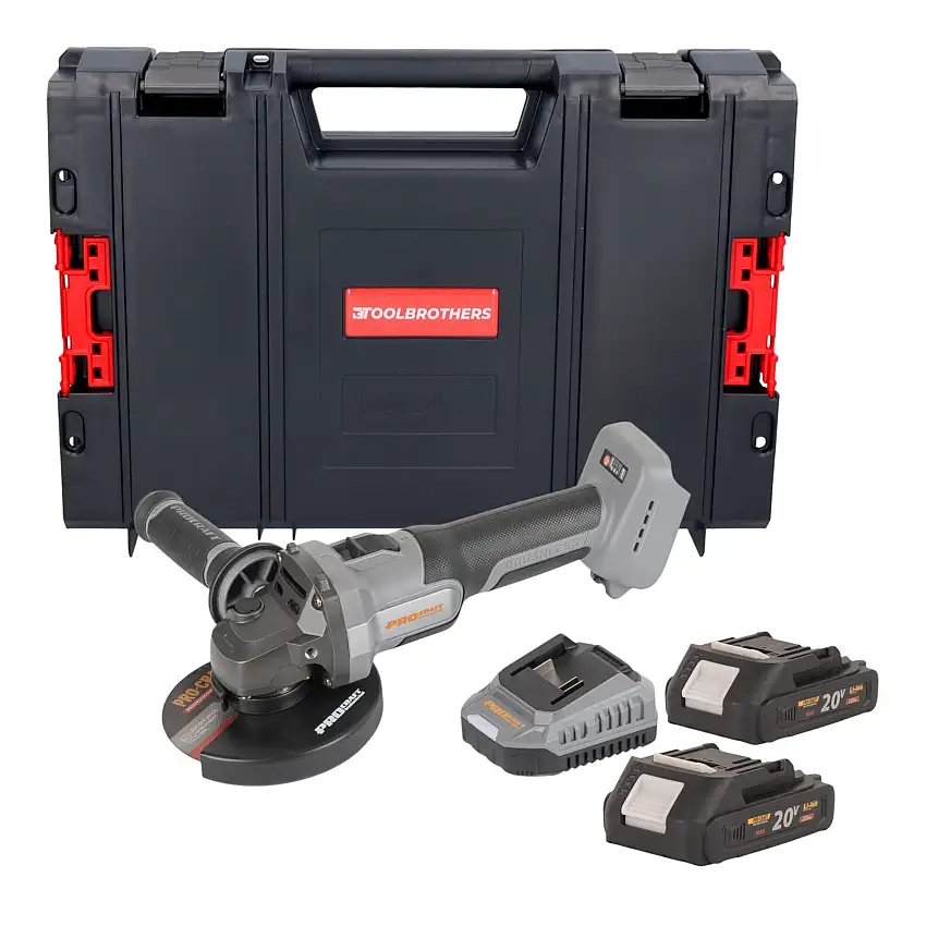Procraft Industrial AG125Abb Akku Winkelschleifer 20 V 125 mm Brushless + 2x Akku 2,0 Ah + Ladegerät + RHINO Toolcase
