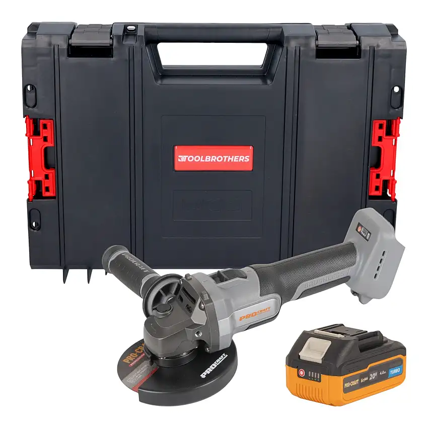 Procraft Industrial AG125Abb Akku Winkelschleifer 20 V 125 mm Brushless + 1x Akku 4,0 Ah + RHINO Toolcase - ohne Ladegerät