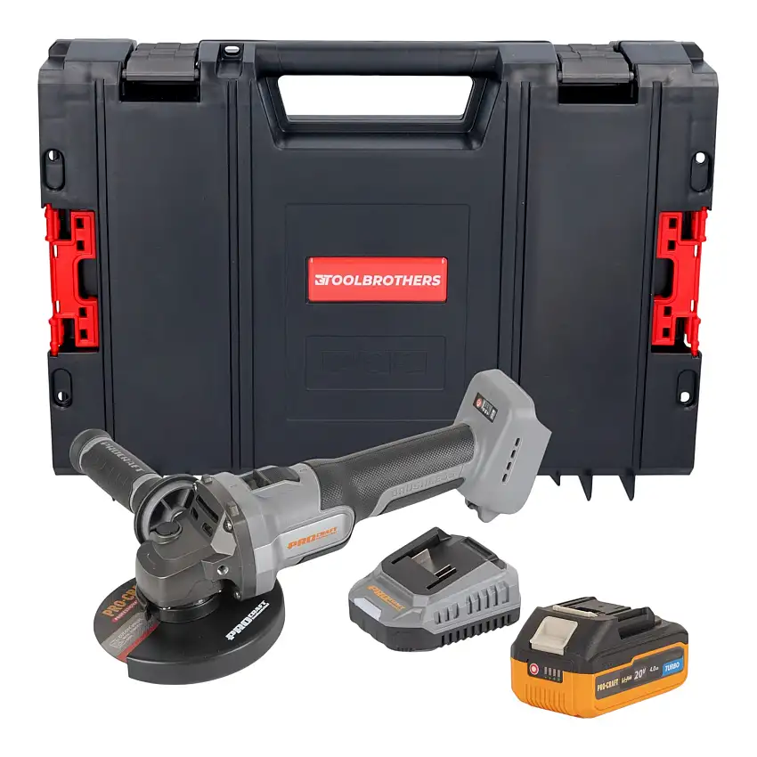 Procraft Industrial AG125Abb Akku Winkelschleifer 20 V 125 mm Brushless + 1x Akku 4,0 Ah + Ladegerät + RHINO Toolcase