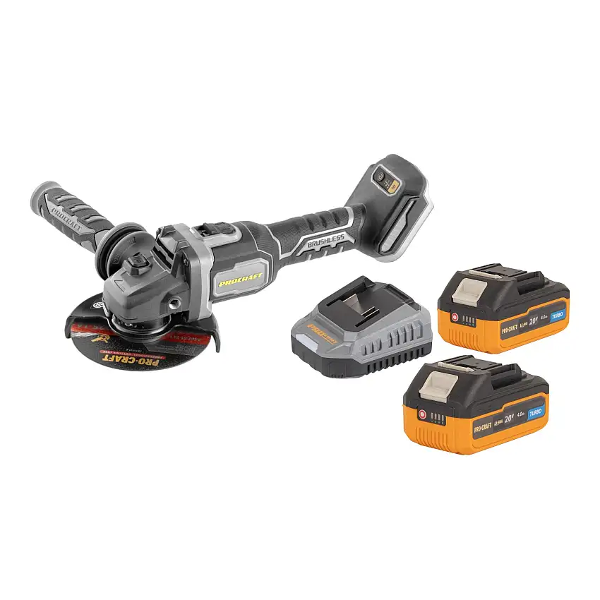 Procraft Industrial AG125Bbb Akku Winkelschleifer 20 V 125 mm Brushless + 2x Akku 4,0 Ah + Ladegerät