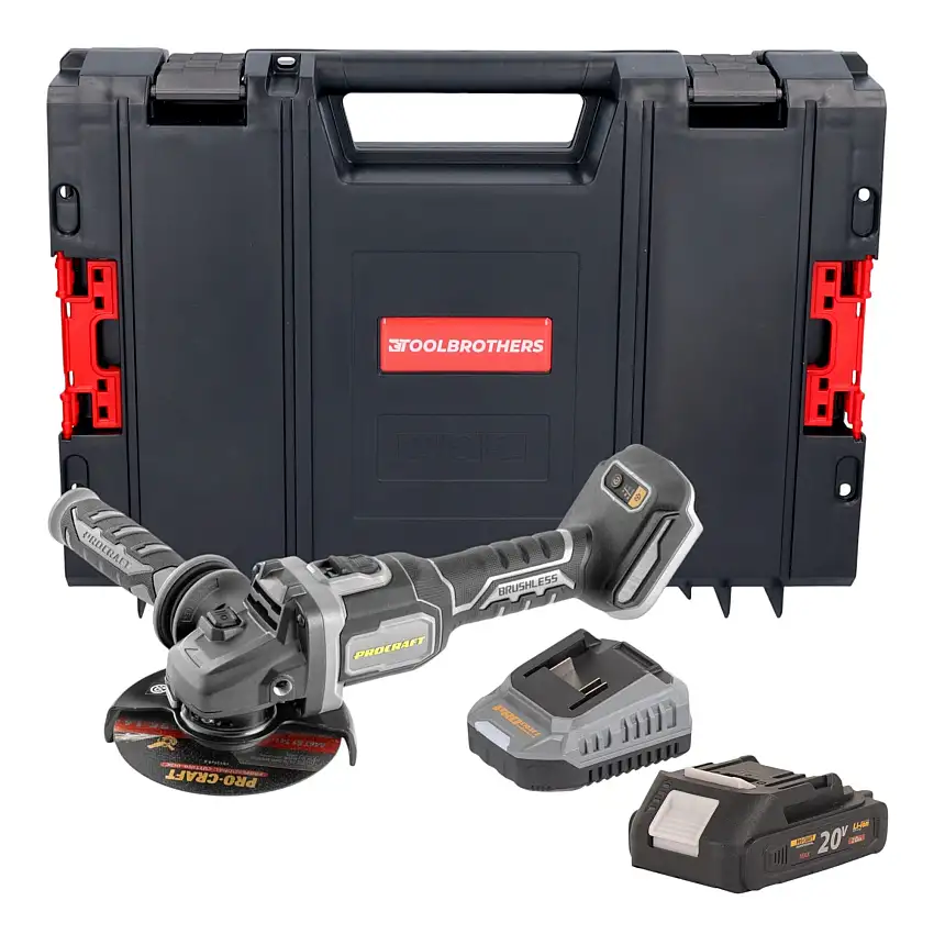 Procraft Industrial AG125Bbb Akku Winkelschleifer 20 V 125 mm Brushless + 1x Akku 2,0 Ah + Ladegerät + RHINO Toolcase