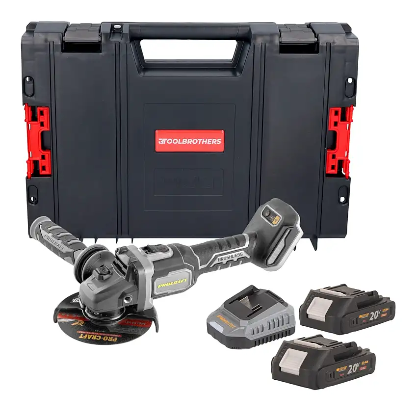Procraft Industrial AG125Bbb Akku Winkelschleifer 20 V 125 mm Brushless + 2x Akku 2,0 Ah + Ladegerät + RHINO Toolcase