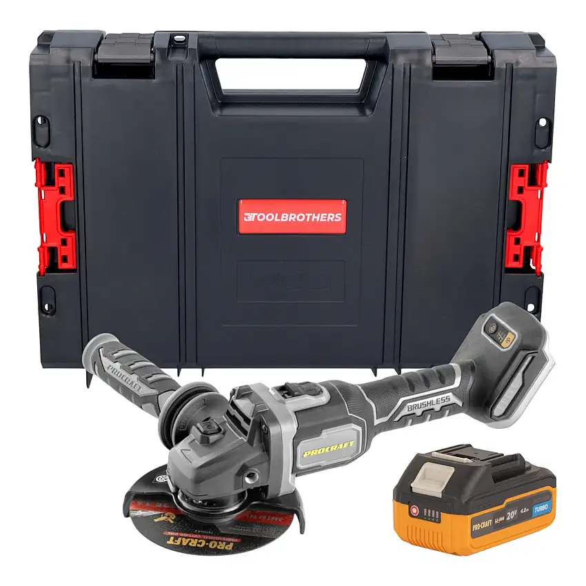 Procraft Industrial AG125Bbb Akku Winkelschleifer 20 V 125 mm Brushless + 1x Akku 4,0 Ah + RHINO Toolcase - ohne Ladegerät
