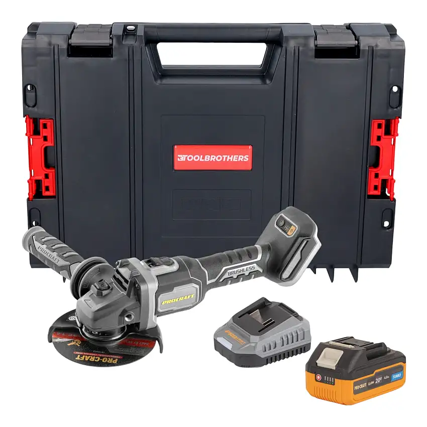 Procraft Industrial AG125Bbb Akku Winkelschleifer 20 V 125 mm Brushless + 1x Akku 4,0 Ah + Ladegerät + RHINO Toolcase