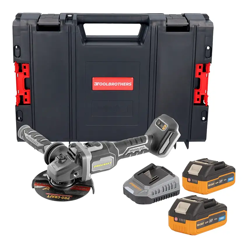 Procraft Industrial AG125Bbb Akku Winkelschleifer 20 V 125 mm Brushless + 2x Akku 4,0 Ah + Ladegerät + RHINO Toolcase
