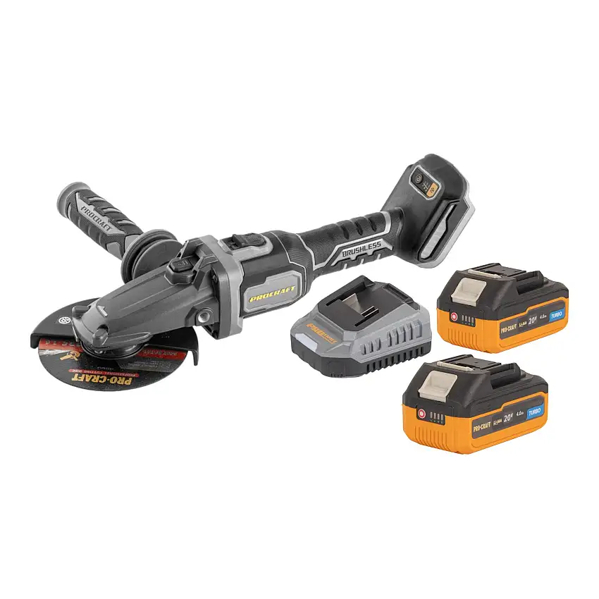 Procraft Industrial AG125Cbb Akku Flachkopf Winkelschleifer 20 V 125 mm Brushless + 2x Akku 4,0 Ah + Ladegerät