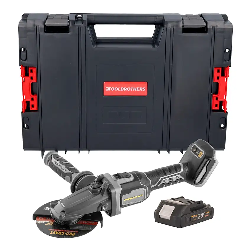 Procraft Industrial AG125Cbb Akku Flachkopf Winkelschleifer 20 V 125 mm Brushless + 1x Akku 2,0 Ah + RHINO Toolcase - ohne Ladegerät