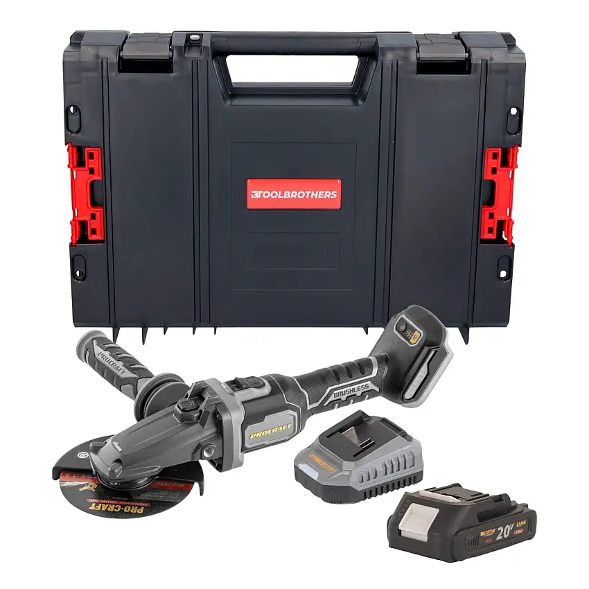 Procraft Industrial AG125Cbb Akku Flachkopf Winkelschleifer 20 V 125 mm Brushless + 1x Akku 2,0 Ah + Ladegerät + RHINO Toolcase