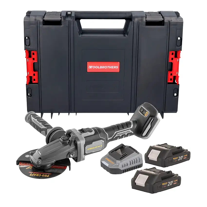 Procraft Industrial AG125Cbb Akku Flachkopf Winkelschleifer 20 V 125 mm Brushless + 2x Akku 2,0 Ah + Ladegerät + RHINO Toolcase