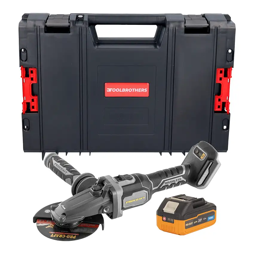 Procraft Industrial AG125Cbb Akku Flachkopf Winkelschleifer 20 V 125 mm Brushless + 1x Akku 4,0 Ah + RHINO Toolcase - ohne Ladegerät