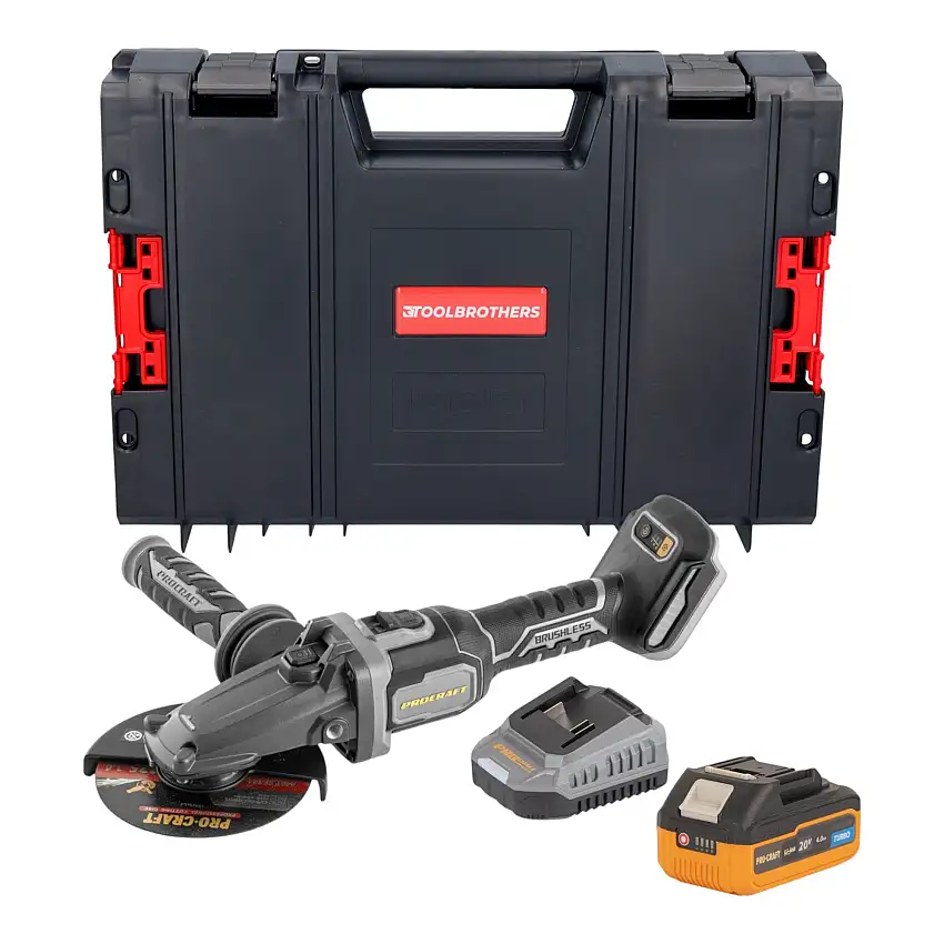 Procraft Industrial AG125Cbb Akku Flachkopf Winkelschleifer 20 V 125 mm Brushless + 1x Akku 4,0 Ah + Ladegerät + RHINO Toolcase