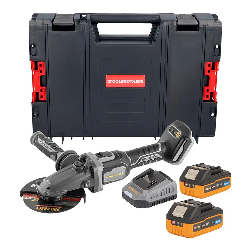 Procraft Industrial AG125Cbb Akku Flachkopf Winkelschleifer 20 V 125 mm Brushless + 2x Akku 4,0 Ah + Ladegerät + RHINO Toolcase