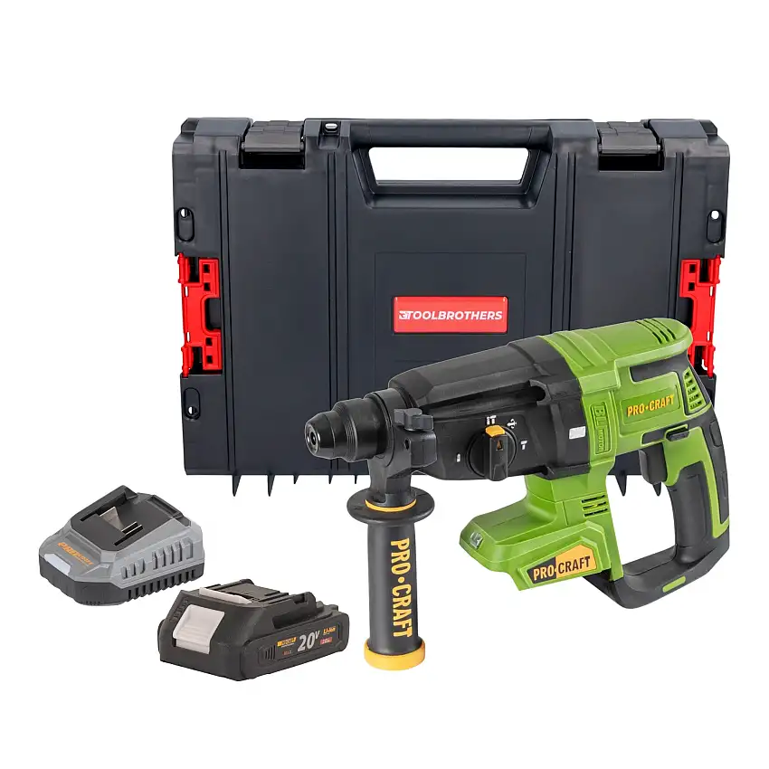 Procraft PHA40bb Akku Bohrhammer 20 V 2,6 J SDS plus Brushless + 1x Akku 2,0 Ah + Ladegerät + RHINO Toolcase