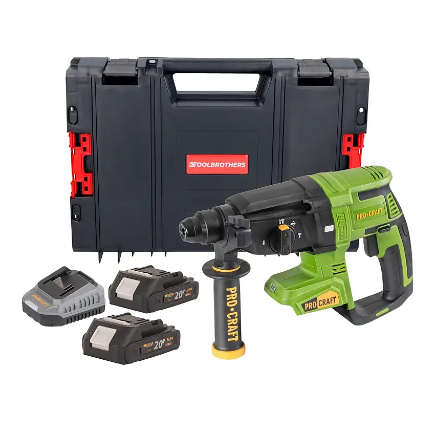 Procraft PHA40bb Akku Bohrhammer 20 V 2,6 J SDS plus Brushless + 2x Akku 2,0 Ah + Ladegerät + RHINO Toolcase
