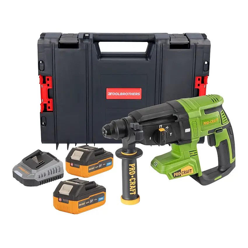 Procraft PHA40bb Akku Bohrhammer 20 V 2,6 J SDS plus Brushless + 2x Akku 4,0 Ah + Ladegerät + RHINO Toolcase