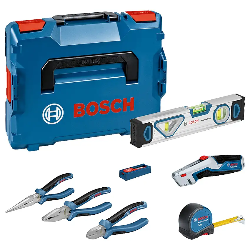 Bosch Handwerkzeug Set 16 tlg. ( 0615990N2S ) Zange / Wasserwaage / Maßband / Messer  / Klinge + L-Boxx