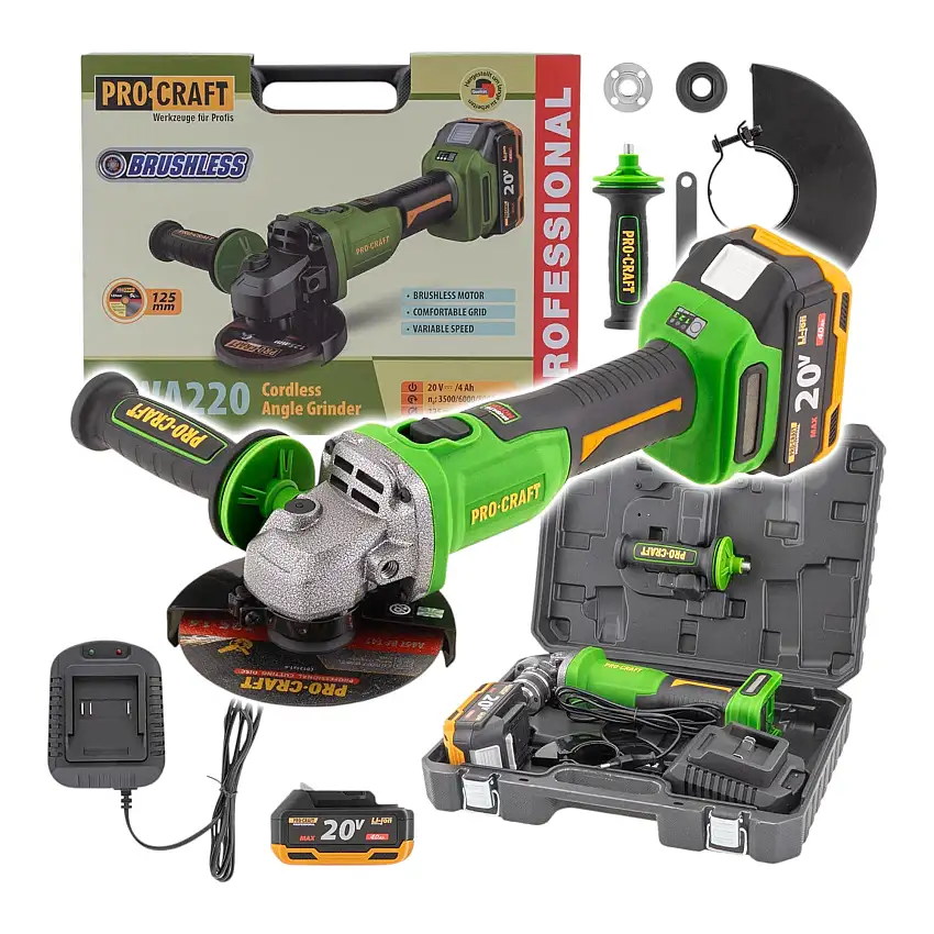 Procraft PWA220 Akku Winkelschleifer 20 V 125 mm Brushless + 1x Akku 4,0 Ah + Ladegerät + Koffer