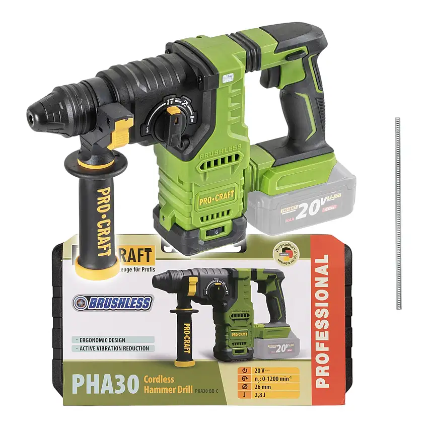 Procraft PHA30-bb-c Akku Bohrhammer 20 V 2,8 J SDS plus Brushless + Koffer - ohne Akku, ohne Ladegerät