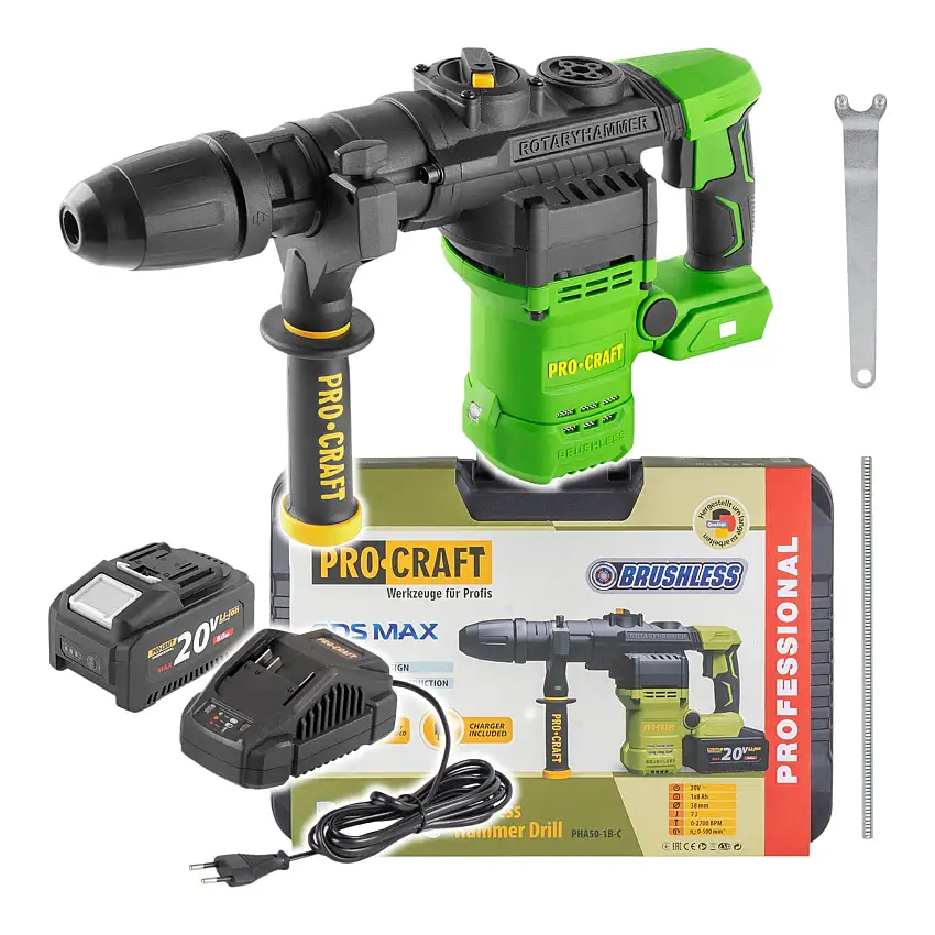 Procraft PHA50-1B-C Akku Bohrhammer 20 V 7 J SDS max Brushless + 1x Akku 8,0 Ah + Ladegerät + Koffer