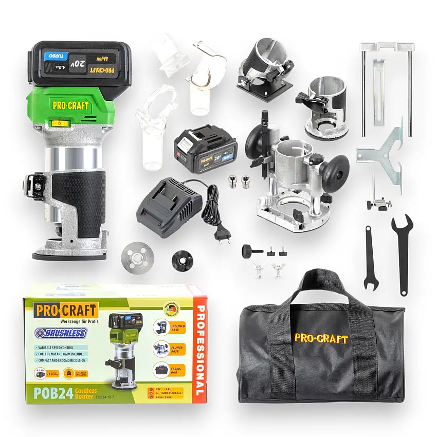 Procraft POB24-1B-F Akku Multifunktionsfräse 20 V 6 / 8 mm Brushless + 1x Akku 4,0 Ah + Ladegerät + 3-in-1 Zubehör + Tasche