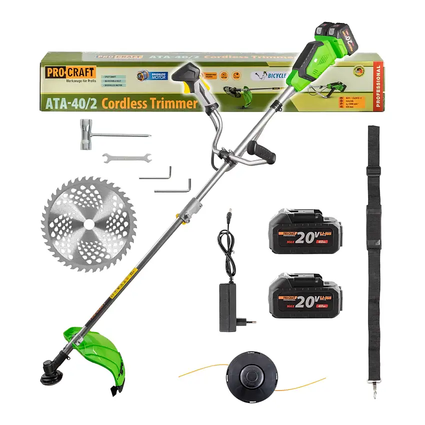 Procraft ATA-40/2 Akku Freischneider 40 V ( 2x 20 V ) 220 mm Brushless + 2x Akku 4,0 Ah + Ladegerät
