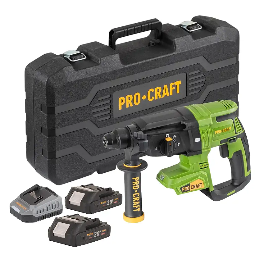 Procraft PHA40bb-c Akku Bohrhammer 20 V 2,6 J SDS plus Brushless + 2x Akku 2,0 Ah + Ladegerät + Koffer