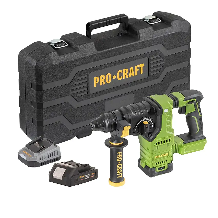 Procraft PHA30-bb-c Akku Bohrhammer 20 V 2,8 J SDS plus Brushless + 1x Akku 2,0 Ah + Ladegerät + Koffer