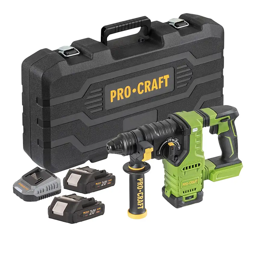 Procraft PHA30-bb-c Akku Bohrhammer 20 V 2,8 J SDS plus Brushless + 2x Akku 2,0 Ah + Ladegerät + Koffer