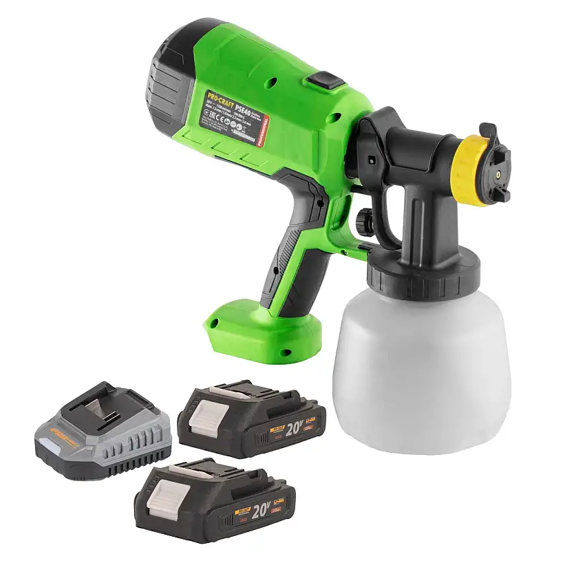 Procraft PSE40bb Akku Farbspritzpistole 20 V + 2x Akku 2,0 Ah + Ladegerät